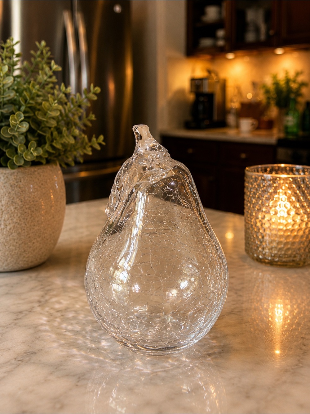 Vintage Hand Blown Clear Crackle Glass Pear | Studio Art Glass Paperweight